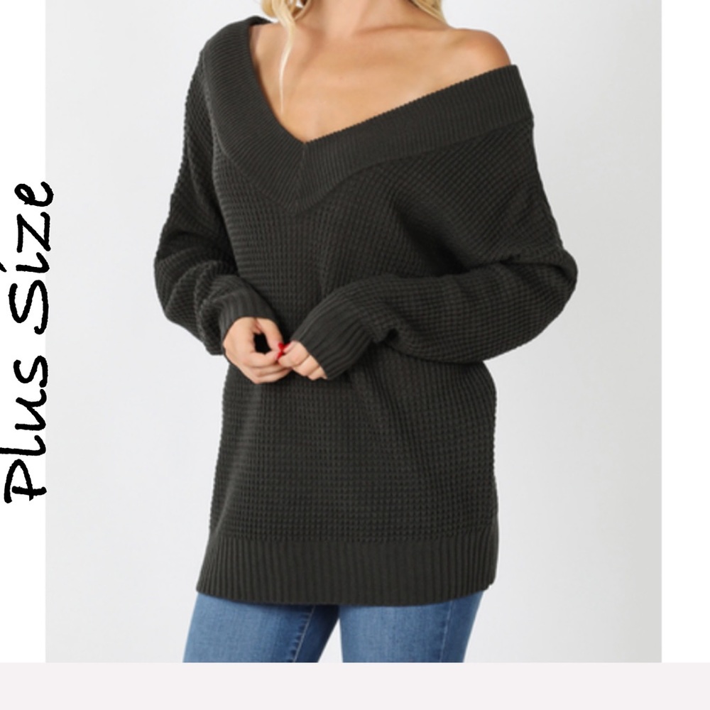 Ash gray Waffle knit off shoulder V neck long sleeve sweater Plus Size 1X 2X 3X
